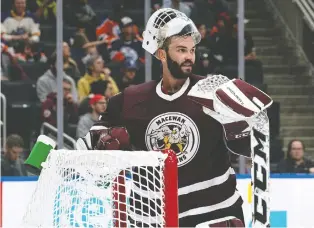  ?? MATTHEW JACULA ?? Grant Macewan Griffins netminder Marc-olivier Daigle, the Edmonton Oilers’ emergency backup goalie, knows that he’s two injuries away from possibly living his National Hockey League dream.