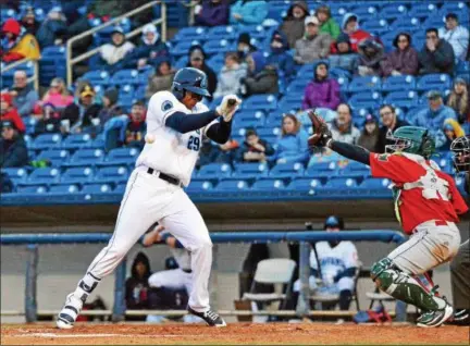  ?? PAUL DICICCO — THE NEWS-HERALD ?? Will Benson is hit by a pitch during the fifth inning of the Captains’ season opener on April 5 at Classic Park.