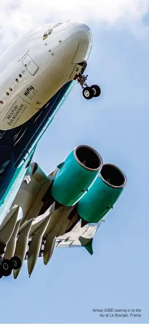  ??  ?? Airbus A380 soaring in to the sky at Le Bourget, France