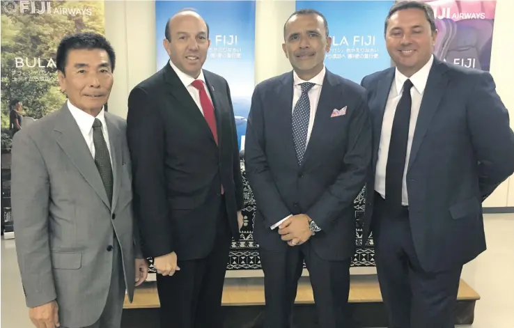  ??  ?? Fiji Airways also held a launch event in Tokyo yesterday. Key People attending included (from left) UTI / Rosie Holidays Japan, Managing Director Terry Inoue, Fiji Airways Chief Commercial Officer Marc Cavaliere , Managing Director Rosie Travel Group...