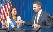  ?? Pablo Martinez Monsivais / Associated Press ?? Acting Secretary of Homeland Security Kevin McAleenan greets El Salvador’s foreign minister, Alexandra Hill Tinoco, at a news conference Friday.