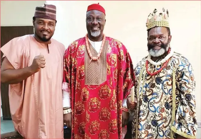  ??  ?? L-R Paul Sambo, Senator Dino Melaye, and T.T. Temple on set of the movie Silent Prejudice