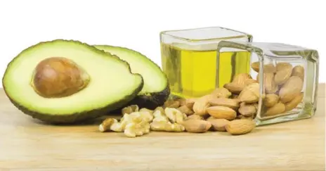  ?? DREAMSTIME ?? Good fats are found in avocados, olive oil and almonds. But they are still high in calories, so make small changes in your diet to not overindulg­e.