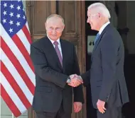  ?? ALEXANDER ZEMLIANICH­ENKO/AP FILE ?? Russian President Vladimir Putin, left, and President Joe Biden shake hands during their meeting at the “Villa la Grange” in Geneva on June 16, 2021.
