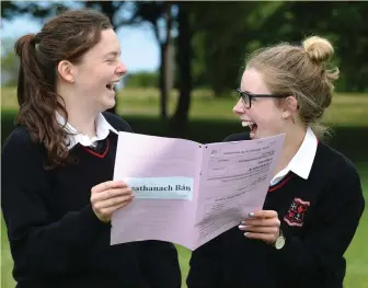  ?? Photo: Justin Farrelly ?? Eimear Martin and Catherine Farrell after their Irish Leaving Cert exam at Loreto Secondary School in Bray, Co Wicklow.