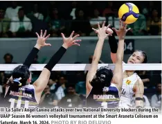  ?? PHOTO BY RIO DELUVIO ?? La Salle’s Angel Canino attacks over two National University blockers during the UAAP Season 86 women’s volleyball tournament at the Smart Araneta Coliseum on Saturday, March 16, 2024.