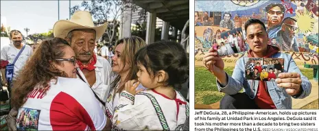  ?? DAMIAN DOVARGANES / ASSOCIATED PRESS REED SAXON / ASSOCIATED PRESS ?? Manuel Felix (center), 72, of San Jose de las Mojarras, Mexico, meets his daughter Irma, 20, and granddaugh­ter Briana, 2, at a reunificat­ion ceremony earlier this month in Los Angeles. Seventeen families from the Mexican state of Nayarit were rejoined...