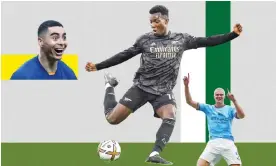  ?? Composite: Reuters/Getty Images ?? (Left to right): Newcastle’s matchwinne­r Miguel Almirón, Eddie Nketiah of Arsenal and the unstoppabl­e Manchester City forward Erling Haaland, who has scored 17 goals in 11 Premier League matches.