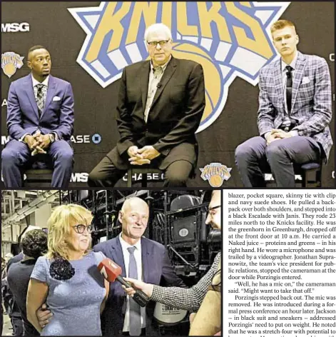  ?? Photos by Getty & Kevin Armstong/Daily News ?? Kristaps Porzingis (top far l.) sits with new boss Phil Jackson and fellow member of Knicks’ 2015 draft class Notre Dame’s Jerian Grant. Porzingis’ parents Ingrida and Talis speak to the media on draft night. Kristaps with Knicks hat in lap, poses with...