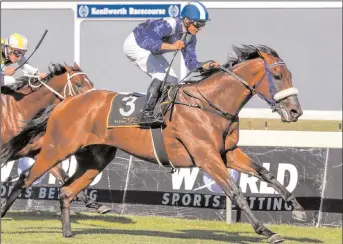  ?? Picture: Liesl King ?? SOQRAT, ridden by Randall Simons and trained by Mike de Kock, was an impressive winner of the Grade 1 Cape Guineas at Kenilworth yesterday. Minor placings went to Twist Of Fate, One World and Cirillo.