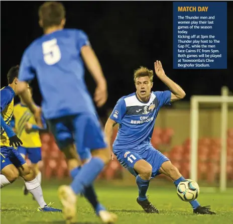  ?? Photo: Kevin Farmer ?? ATTACKING THREAT: South West Queensland Thunder striker Chris Hatfield looks for space against Brisbane Strikers.