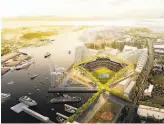  ?? Bjarke Ingels Group ?? This rendering shows the ballpark the A’s envision that would go up at Howard Terminal on the Oakland waterfront. The City Council must approve the proposal.