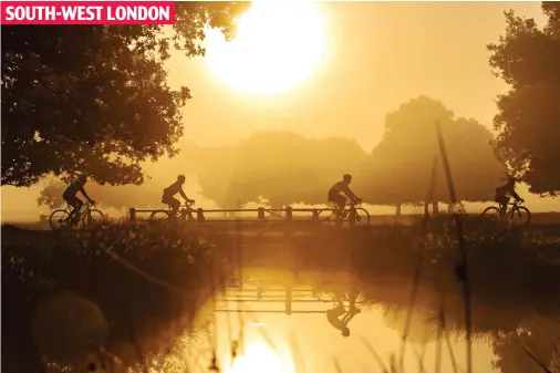  ??  ?? Rise and shine: Four cyclists try to beat the heat with an early morning ride through Richmond Park yesterday SOUTH-WEST LONDON