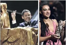  ?? (Photos EPA/MaxPPP et AFP) ?? Manu Payet a ouvert la cérémonie sur un très beau numéro de comédie musicale mettant en scène des César géants. Camélia Jordana, originaire de La Londe, a glané le César du meilleur espoir féminin pour son rôle dans Le Brio d’Yvan Attal.