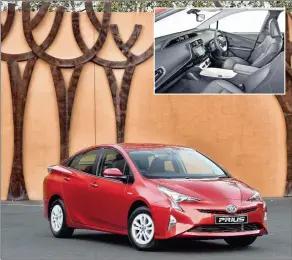  ??  ?? Toyota’s design stylists went to town on the new Prius but the result is likely to polarise potential buyers. Interior (inset) gets a funky, dash-mounted gear selector and a strange white plastic console.