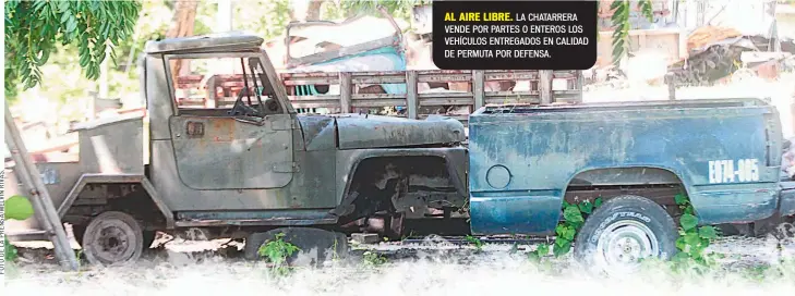  ??  ?? AL AIRE LIBRE. LA CHATARRERA VENDE POR PARTES O ENTEROS LOS VEHÍCULOS ENTREGADOS EN CALIDAD DE PERMUTA POR DEFENSA.