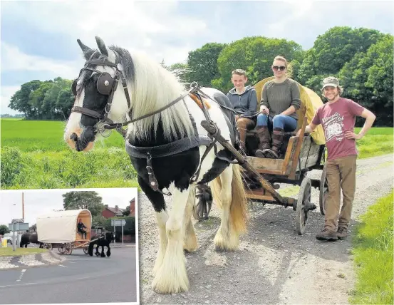  ?? MIKE BISHOP ?? Southport wheelwrigh­t Phill Gregson his partner, Emily, amd his son, Aaton, 13, are going on a 1,000-mile journey by horse and cart after their baby daughter died at just one month