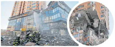  ?? ?? A missile devastates a block of flats in Kyiv, crashing into the 16th floor yesterday. Six people are injured but miraculous­ly no one dies in the strike denied by the Russian defence ministry