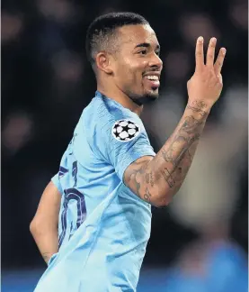  ?? PHOTO: GETTY IMAGES ?? Threesypea­sy . . . Gabriel Jesus, of Manchester City, celebrates scoring his team’s sixth goal to complete his hattrick during his team’s Champions League group F match against Shakhtar Donetsk at Etihad Stadium in Manchester yesterday.