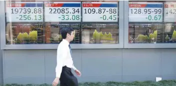  ?? — Reuters ?? A man walks past electronic boards showing Japan’s Nikkei average (L), the Dow Jones Industrial Average (2nd L) and foreign exchange rates outside a brokerage at a business district in Tokyo, Japan.