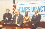  ?? Emilie Munson / Hearst Connecticu­t Media ?? Senate President Pro Tempore Martin Looney, D-New Haven, at the microphone, introduces the Time’s Up Act at the Capitol Feb. 20.