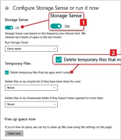  ?? ?? Storage Sense can delete temporary files from your Temp folder automatica­lly