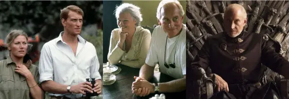  ??  ?? FROM LEFT: Charles and Geraldine James in The Jewel in the Crown. With Dame Judi Dench on the set of Ladies in Lavender. As Game of Thrones’ Tywin Lannister.