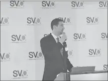  ?? STAFF FILE PHOTO ?? CEO Matt Mahood announces the rebranding of the San Jose Silicon Valley Chamber of Commerce as the Silicon Valley Organizati­on during a breakfast at the Silicon Valley Capital Club in downtown San Jose in January.