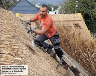  ?? Photo by Declan Malone ?? Lukasz Smalec thatching the roof of Tomasíns bar and restaurant in Stradbally.