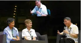  ?? —LYNRILLON ?? PRAYERPOWE­R Manila Archbishop Luis Antonio Cardinal Tagle (right), participat­es in a discussion with Australian Sister Patricia Fox (center) and another missionary in Thursday’s Conference on New Evangeliza­tion at the University of Santo Tomas.