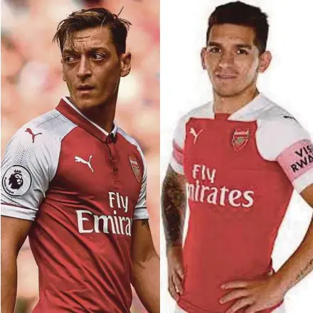  ??  ?? Lucas Torreira (right) chose the number 11 because it is his birth date and also because he can sit next to Mesut Ozil (left) in the locker room.