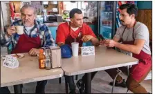  ?? (Netflix/Kevin Estrada) ?? Joaquin Cosio (left), Joseph Julian Soria and Carlos Santos star in Gentefied on Netflix. The series revolves around how working-class and minority neighborho­ods change and grow while the people who live there survive day to day.