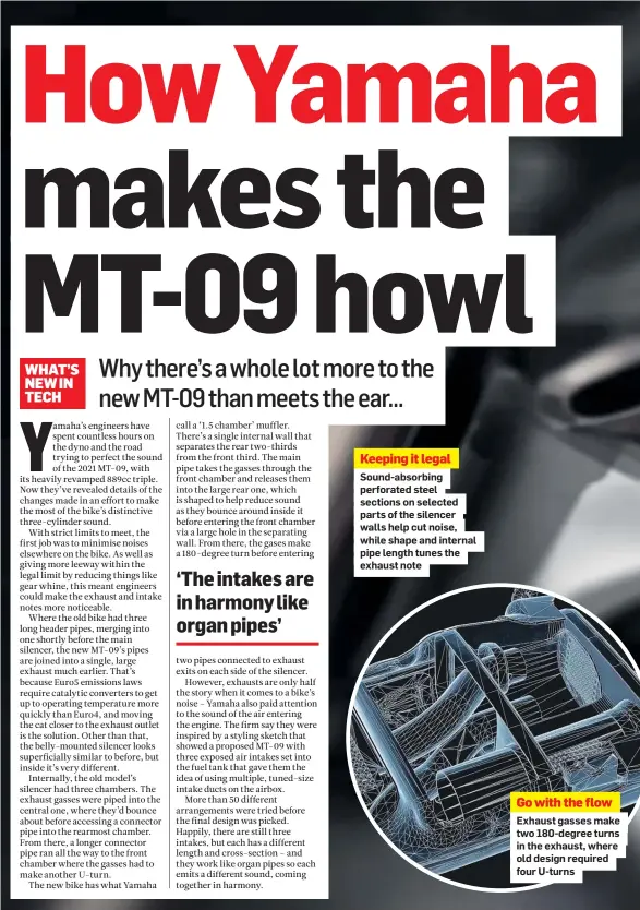  ??  ?? Keeping it legal
Sound-absorbing perforated steel sections on selected parts of the silencer walls help cut noise, while shape and internal pipe length tunes the exhaust note
Go with the flow
Exhaust gasses make two 180-degree turns in the exhaust, where old design required four U-turns