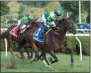  ?? CHRIS RAHAYEL/NYRA ?? Raging Bull, trained by Chad Brown with jockey Joel Rosario up captured the 2018 installmen­t of The Saranac by one and a-quarter lenghths at Saratoga Race Course over Up The Ante.