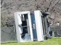  ?? PHOTO: YVONNE O’HARA ?? A caravan is blown off its wheels on Sunderland St, Clyde, and a roof blown off on Fache St, Clyde in wind damage yesterday.