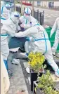  ?? REUTERS ?? Police officers wearing hazmat suits detain a man in Pudong, Shanghai, China.
