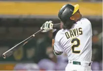  ?? BEN MARGOT/ASSOCIATED PRESS ?? The Athletics’ Khris Davis jersey is signed by Anthony Slocumb, a child from the Make-A-Wish Foundation, seen on Davis’ left shoulder. Davis hit his 37th home run of the season wearing the signed jersey.