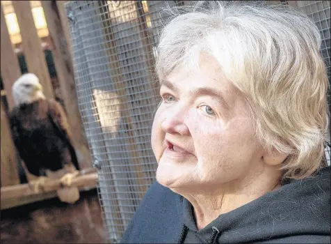  ?? AP ?? Laura Edmunds talks about her life with raptors while at the Indiana Raptor Center in Nashville on Oct. 17.