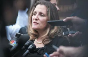  ?? AP FILE PHOTO ?? Canadian Foreign Affairs Minister Chrystia Freeland speaks to media members in Washington earlier this month.