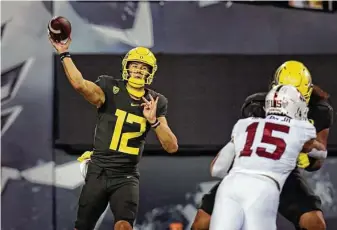  ?? Chris Pietsch / Associated Press ?? Quarterbac­k Tyler Shough joins the Red Raiders this year after leading the Pac-12 Conference in yards per completion and passing efficiency last season.