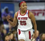  ?? BEN MCKEOWN — THE ASSOCIATED PRESS ?? North Carolina State's Kayla Jones reacts after a 3-pointer against Kansas State in the NCAA Tournament on Monday.