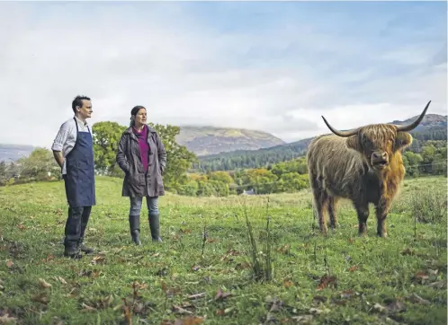  ?? ?? Highland cows at Achinreir Farm, main; farmer Jane Isaacson with The Pierhouse’s chef Michael Leathley, above; Leathley, below