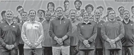  ?? Mo. WILLIAM PURNELL/USA TODAY SPORTS ?? Big 12 men's basketball coaches pose for a photo during the Big 12 Basketball Tipoff media event at T-Mobile Center on Wednesday in Kansas City,