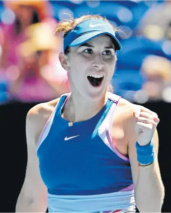  ?? Picture: REUTERS ?? Switzerlan­d’s Belinda Bencic celebrates after winning her third round match against Italy’s Camila Giorgi during the Australian Open at Melbourne Park.