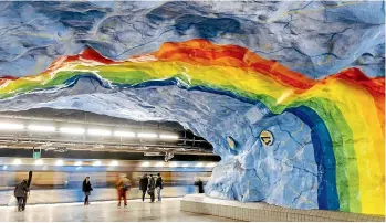  ?? PHOTOS: VISIT STOCKHOLM ?? Undergroun­d art at Stadion, on the red line in the Stockholm subway system.