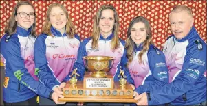  ?? AMY DUNCAN PHOTO ?? From left, skip Lauren Lenentine, mate Kristie Rogers, second stone Breanne Burgoyne, lead Rachel O’Connor and coach Pat Quilty is heading to the New Holland Canadian junior women’s curling championsh­ip for a second consecutiv­e year. They defended...