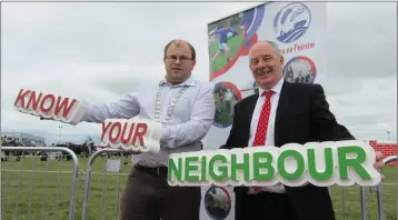  ??  ?? Minister for Rural and Community Developmen­t Michael Ring and Macra na Feirme National President James Healy launch the Macra na Feirme Know Your Neighbour Campaign for 2018.