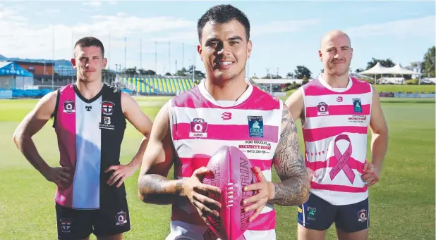  ??  ?? IN THE PINK: Saints' Connor Kirtley and Crocs’ Kurt Bradshaw and Adam Gross are ready to change colours for a good cause.
Picture: BRENDAN RADKE