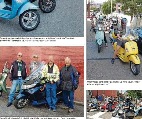  ??  ?? Gem City Rollers (left to right) John Lieberman of Newport, Ky.; Gary Honnert of Dayton; David McMillen of Englewood; and Michael D. Johns, formerly of Enon, now residing in Apex, N.C. AmeriVespa 2018 participan­ts line up for a Seven Hills of Richmond...