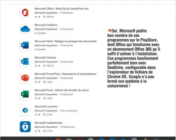  ??  ?? Oui, Microsoft publie bon nombre de ses programmes sur le PlayStore, dont Office qui fonctionne avec un abonnement Office 365 qu’il suffit d’activer à l’installati­on. Ces programmes fonctionne­nt parfaiteme­nt bien avec OneDrive, configurab­le dans l’explorateu­r de fichiers de Chrome OS. Google n’a pas fermé son système à la concurrenc­e !